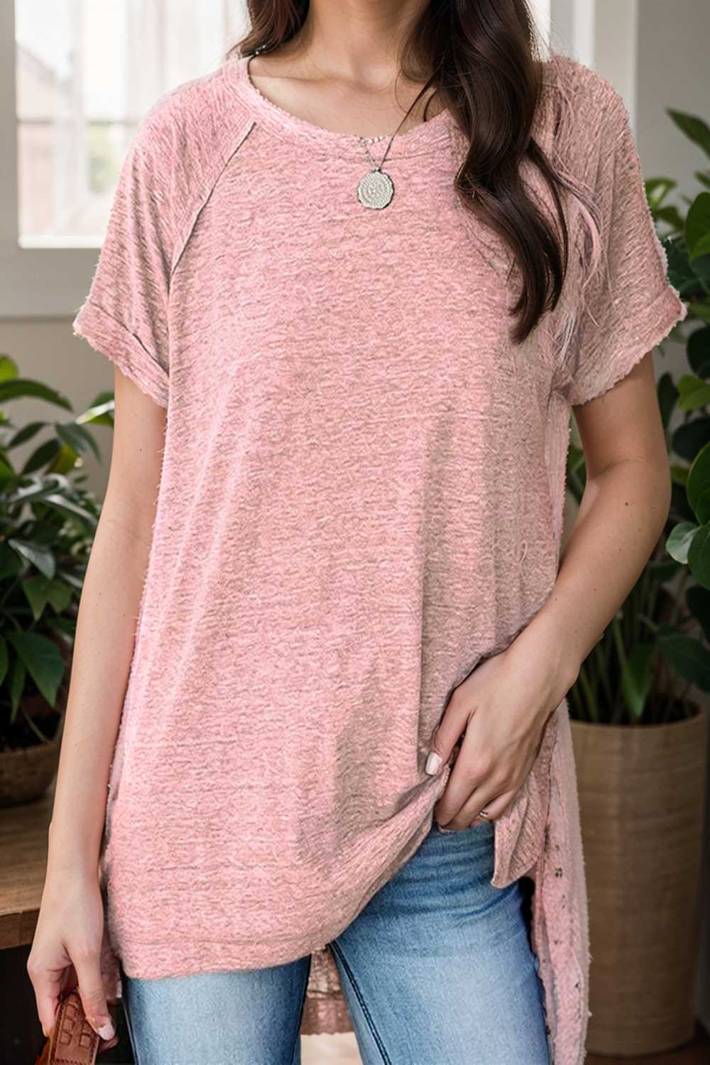 round neck solid loose short sleeve t shirt 111793
