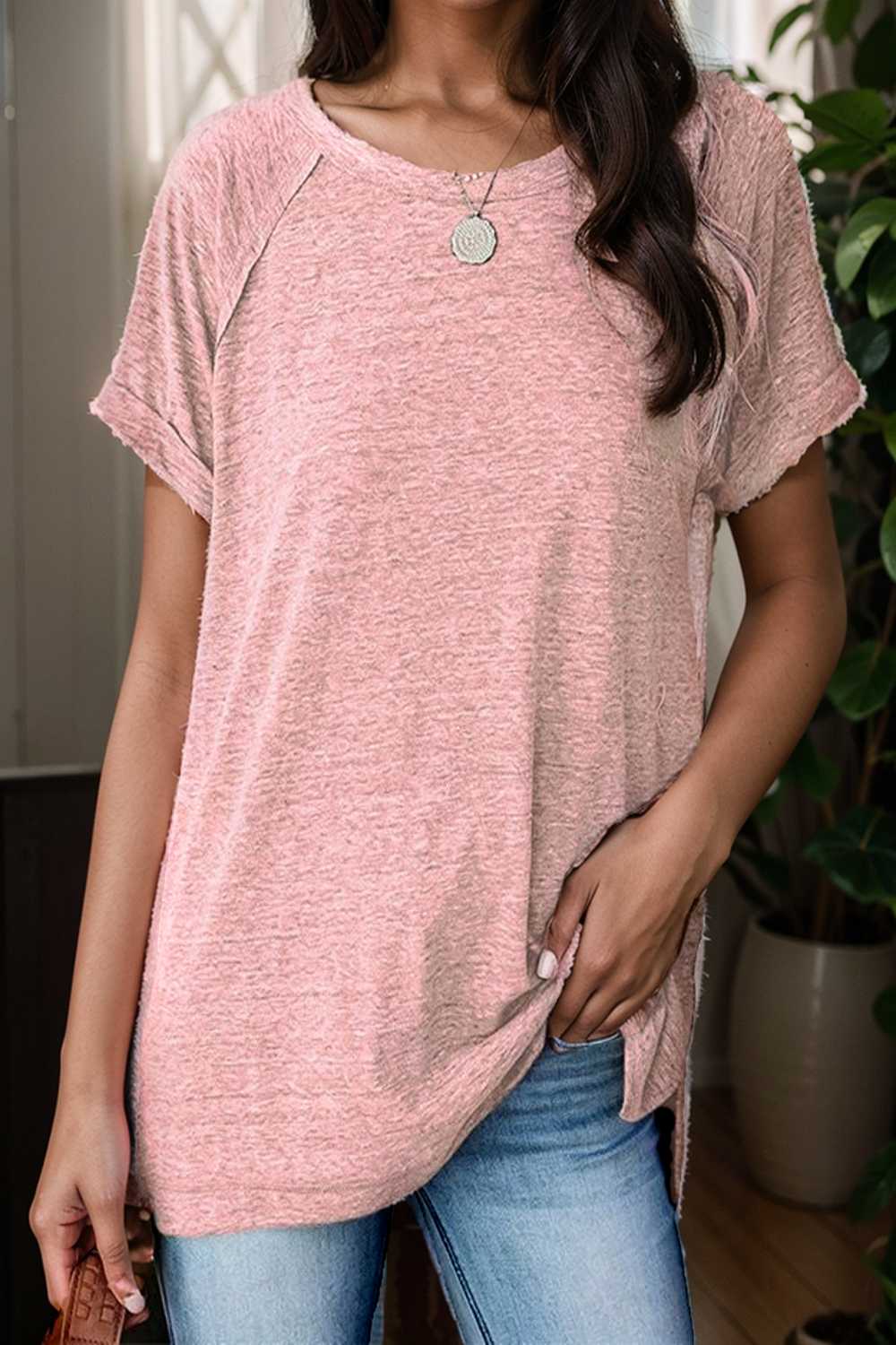 round neck solid loose short sleeve t shirt 111791