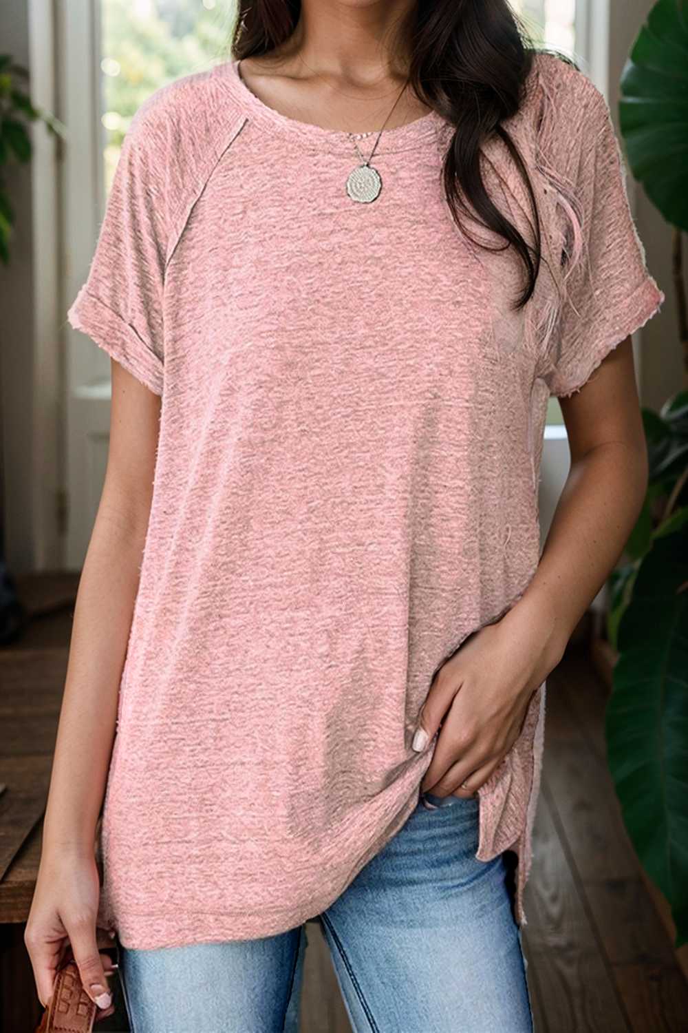 round neck solid loose short sleeve t shirt 111788