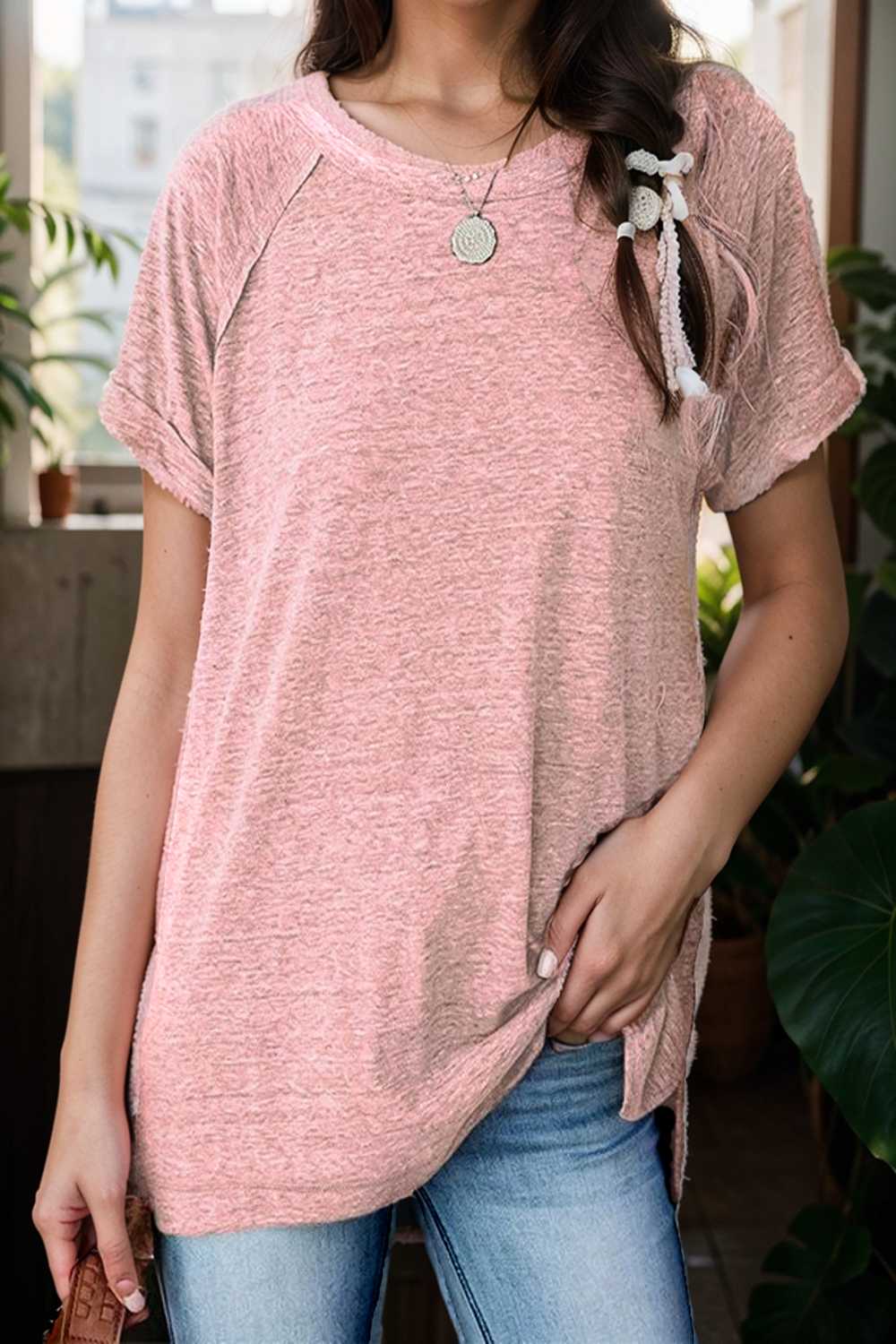 round neck solid loose short sleeve t shirt 111786