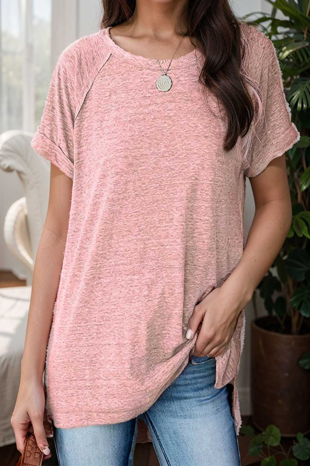 round neck solid loose short sleeve t shirt 111785