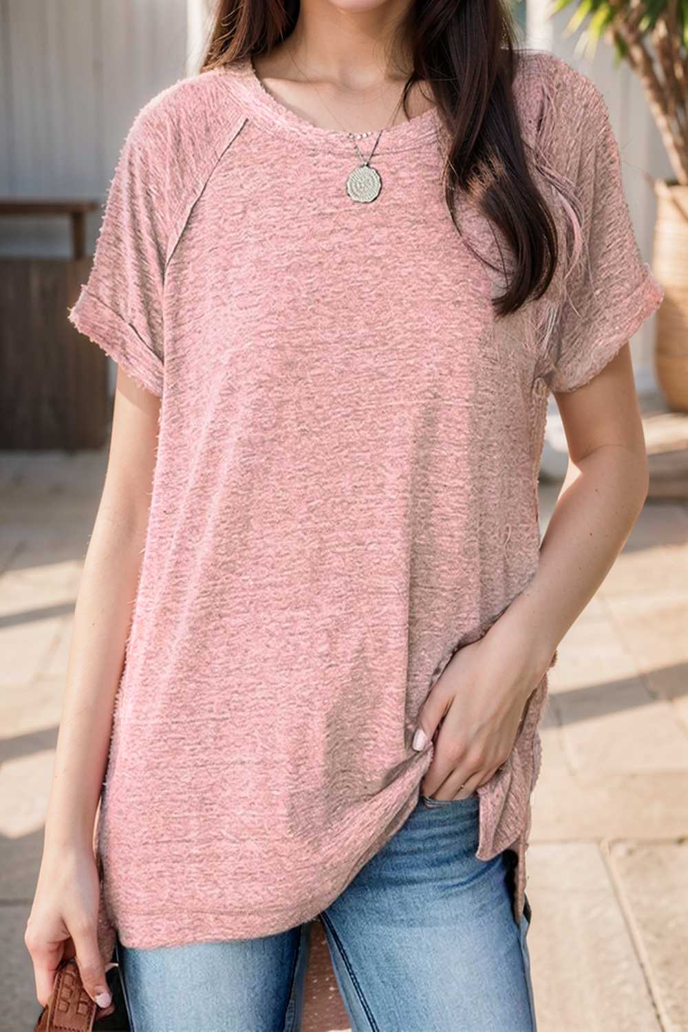 round neck solid loose short sleeve t shirt 111784