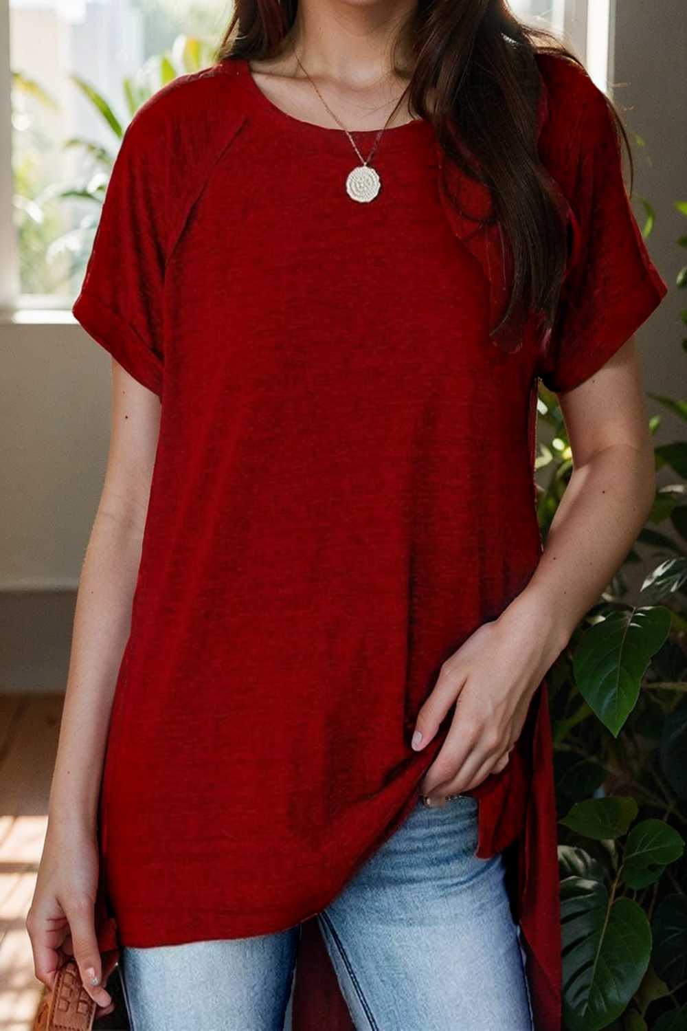 round neck solid loose short sleeve t shirt 111783