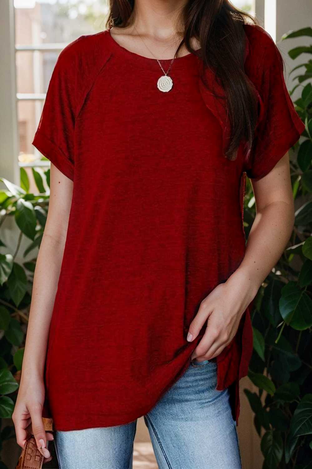 round neck solid loose short sleeve t shirt 111781