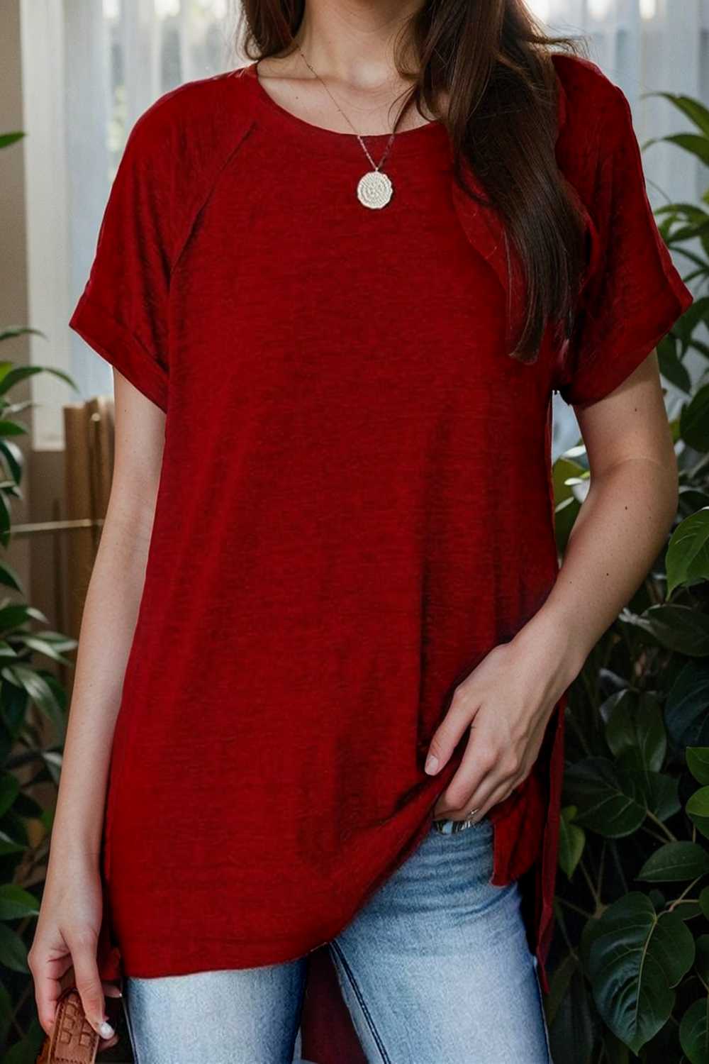 round neck solid loose short sleeve t shirt 111779