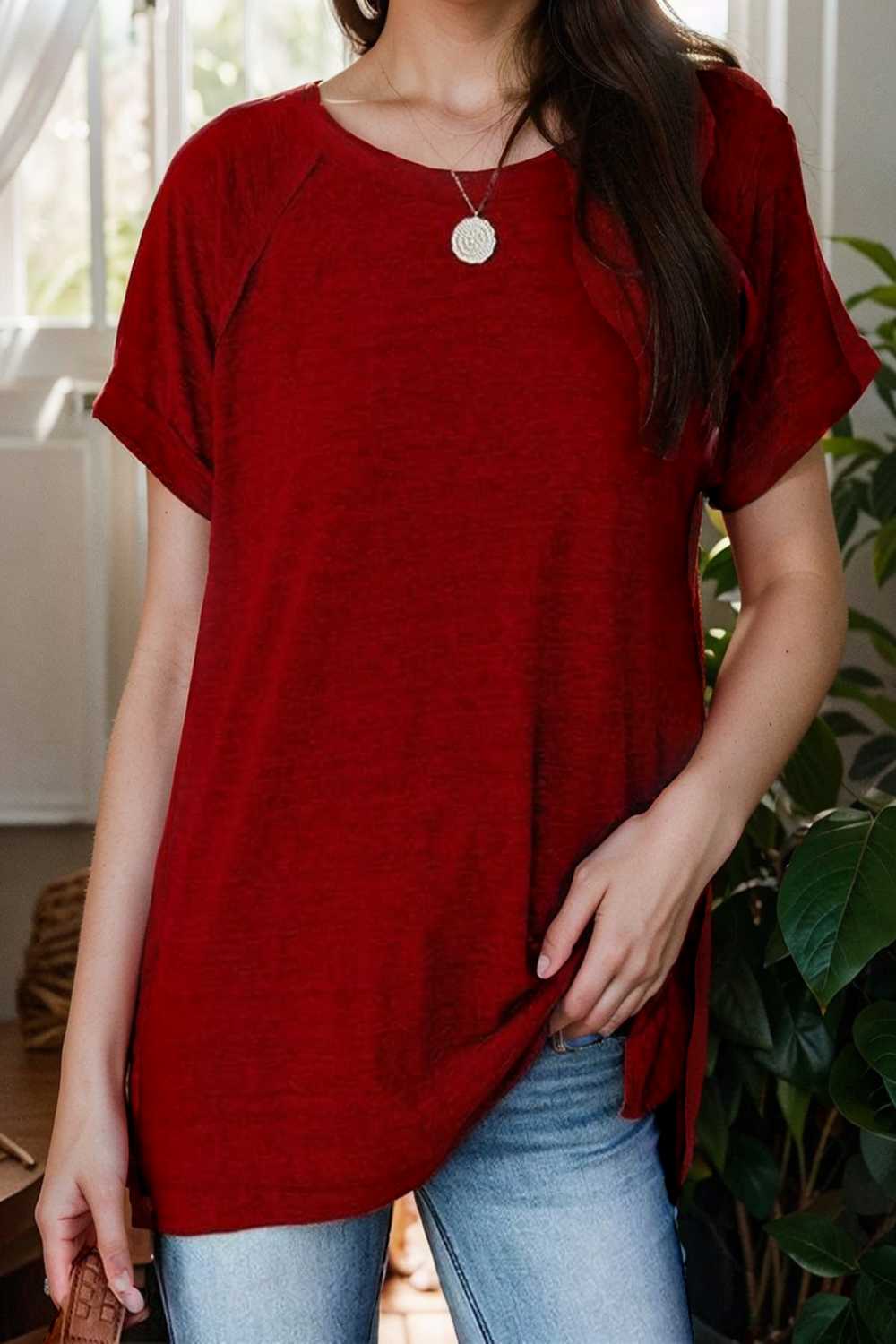 round neck solid loose short sleeve t shirt 111778