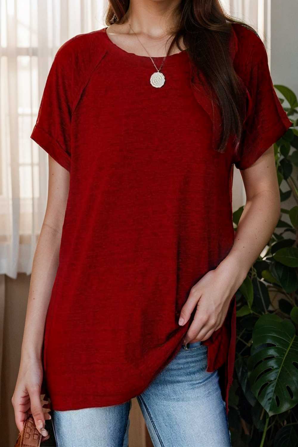 round neck solid loose short sleeve t shirt 111777