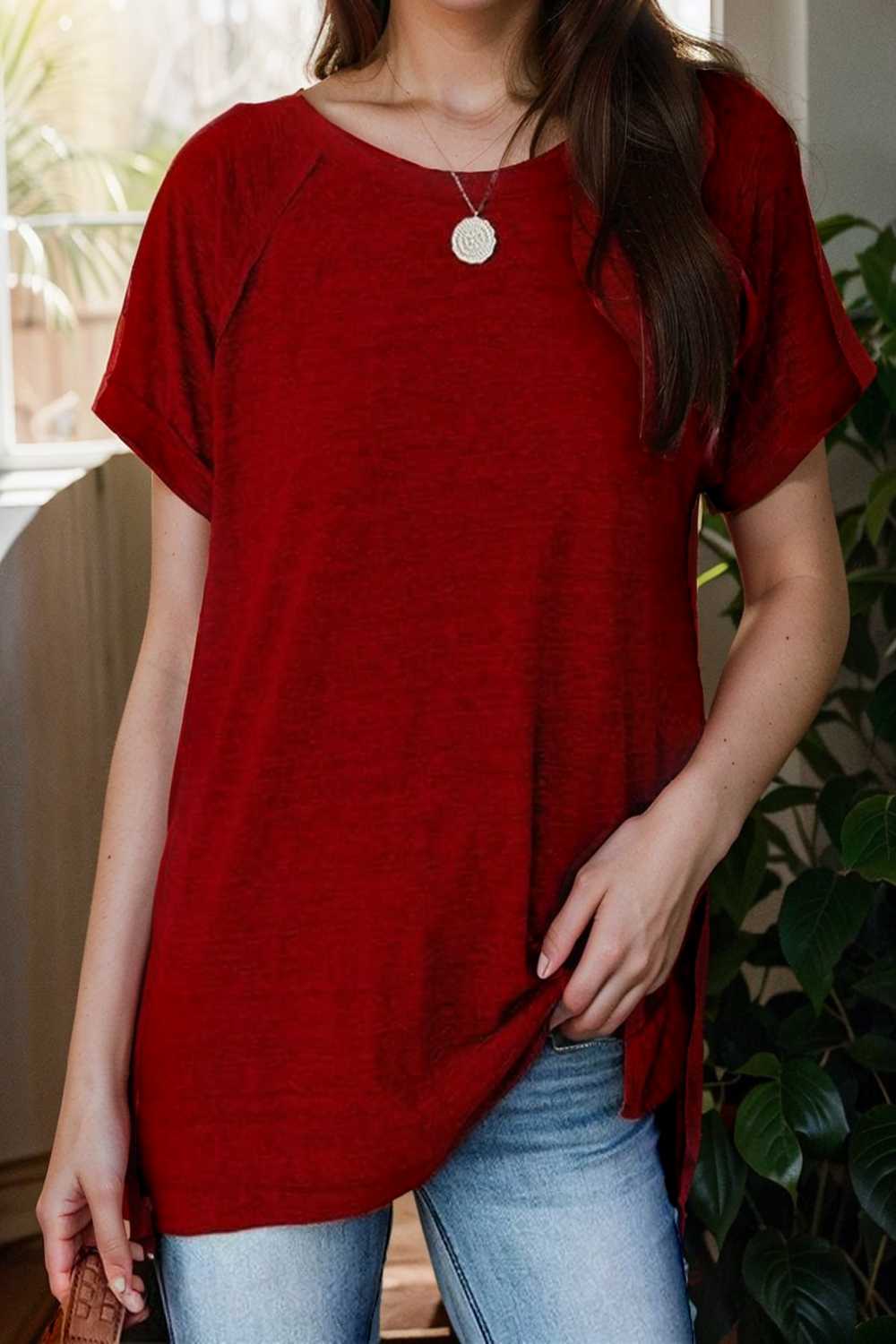 round neck solid loose short sleeve t shirt 111776