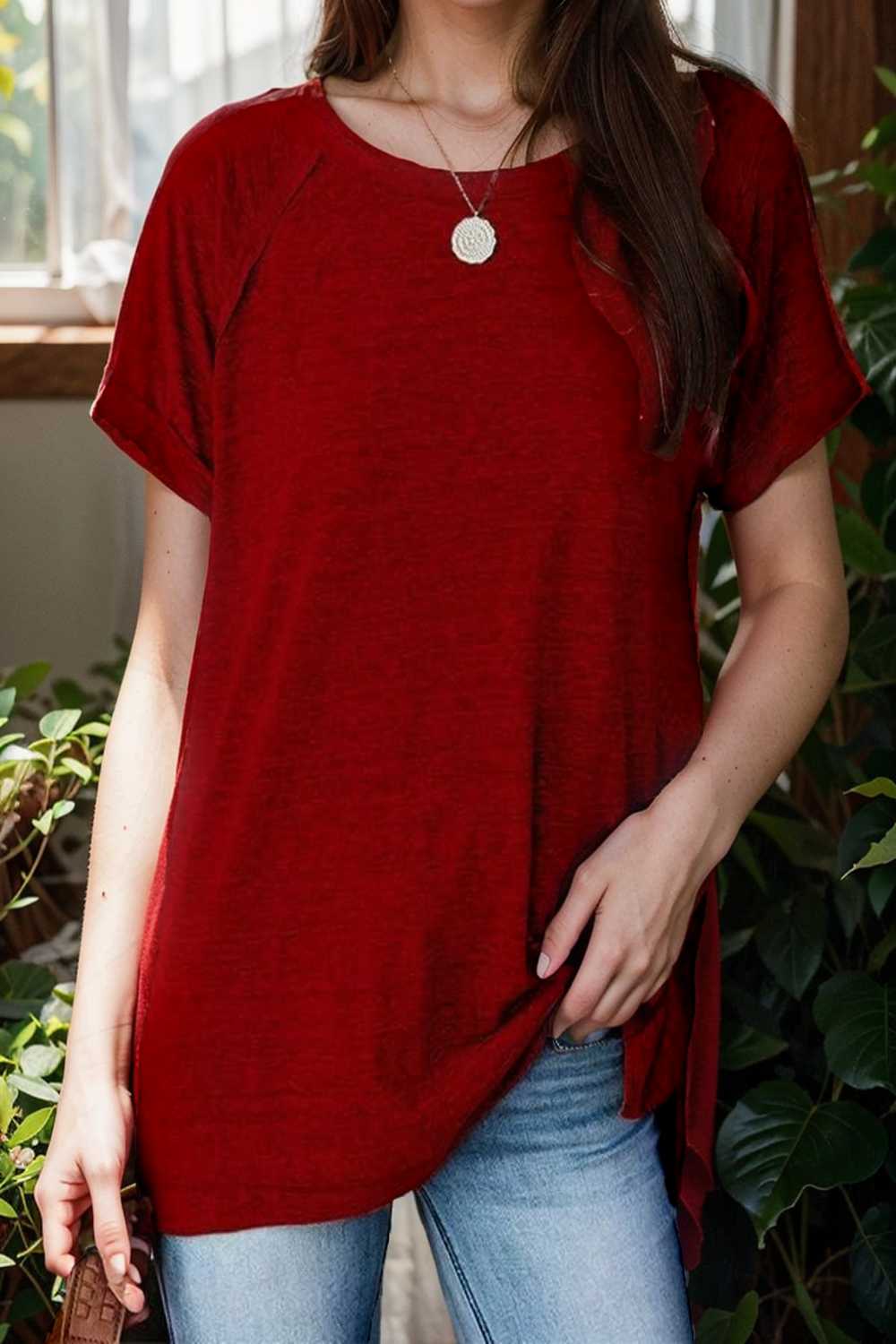 round neck solid loose short sleeve t shirt 111774