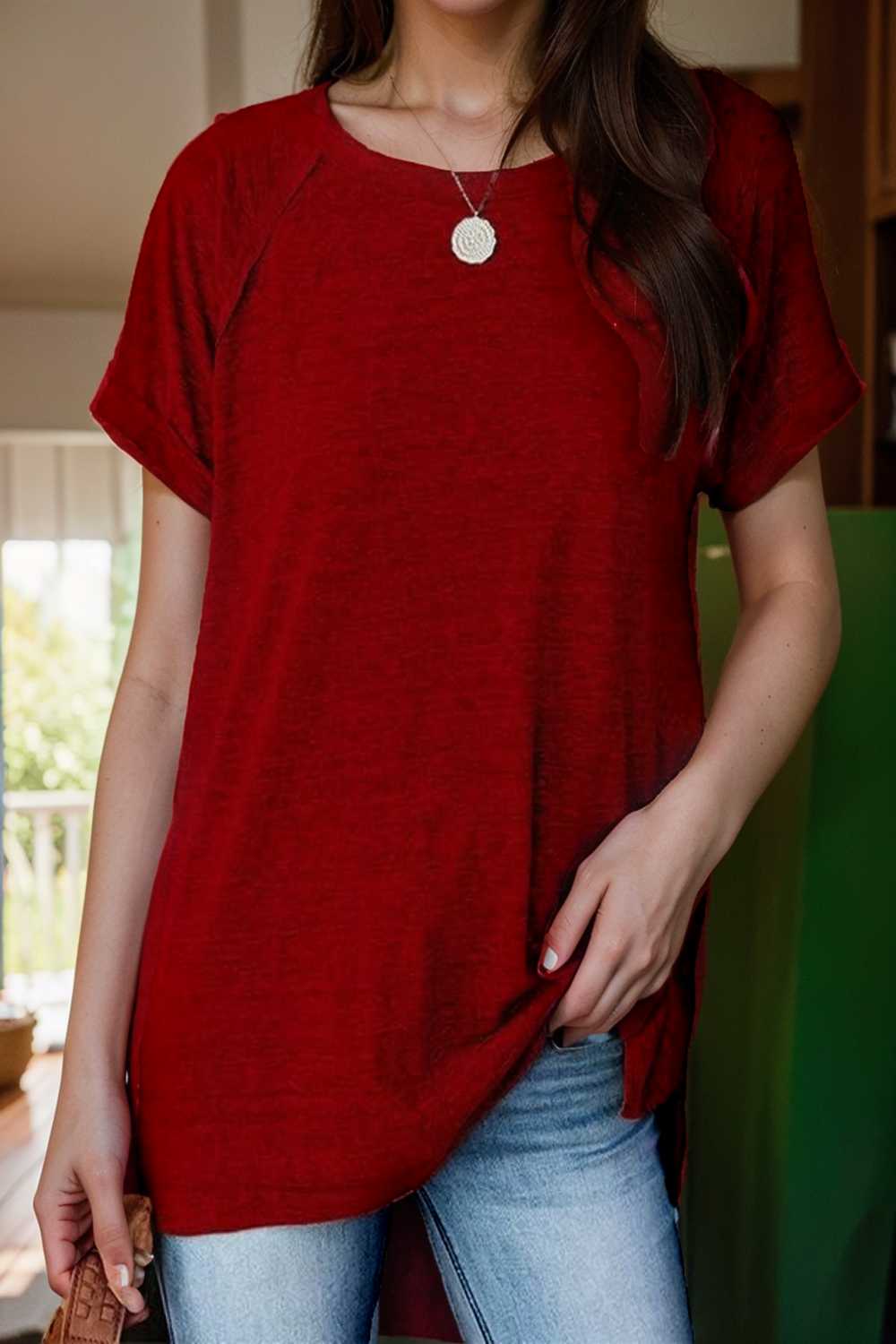 round neck solid loose short sleeve t shirt 111773
