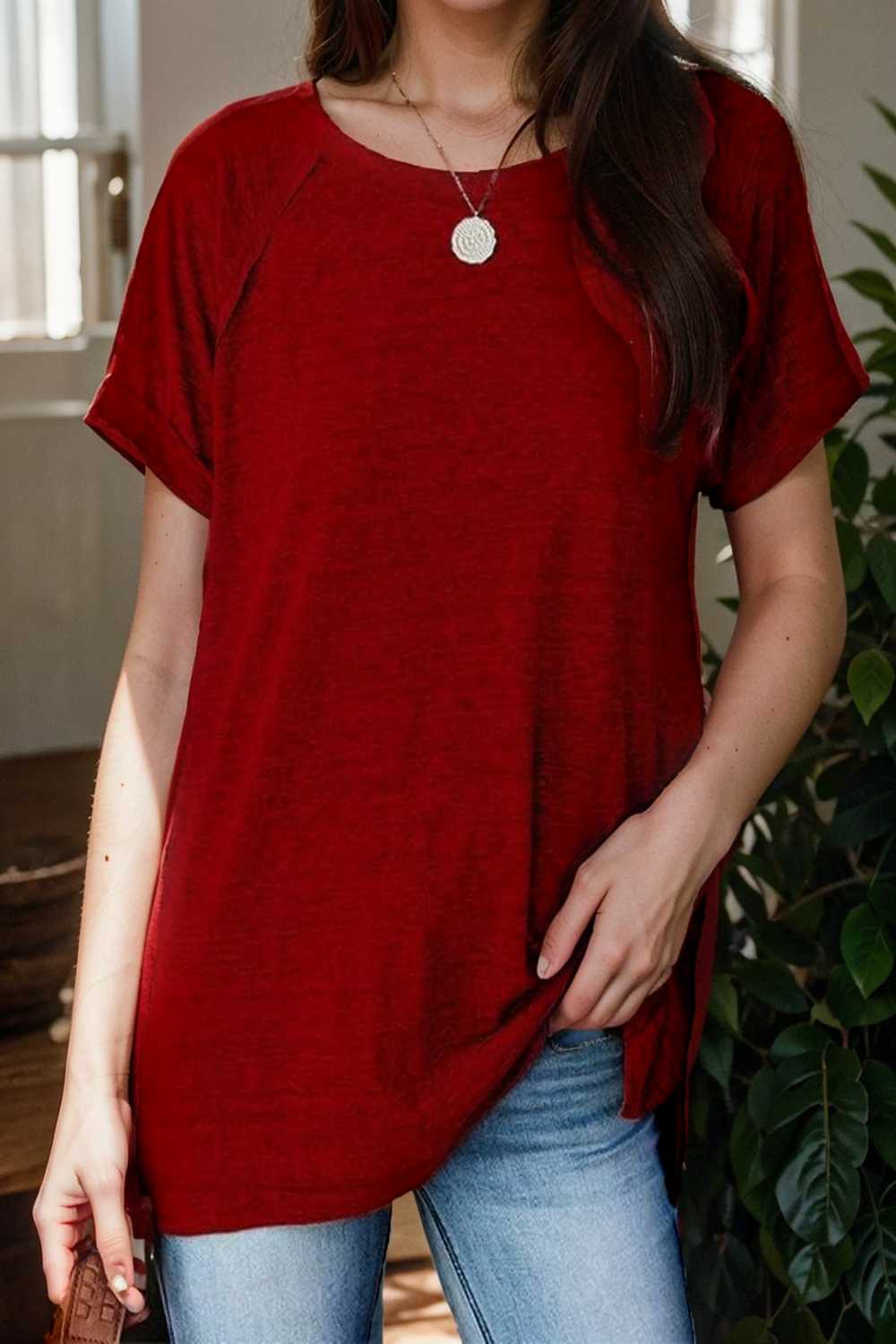 round neck solid loose short sleeve t shirt 111772