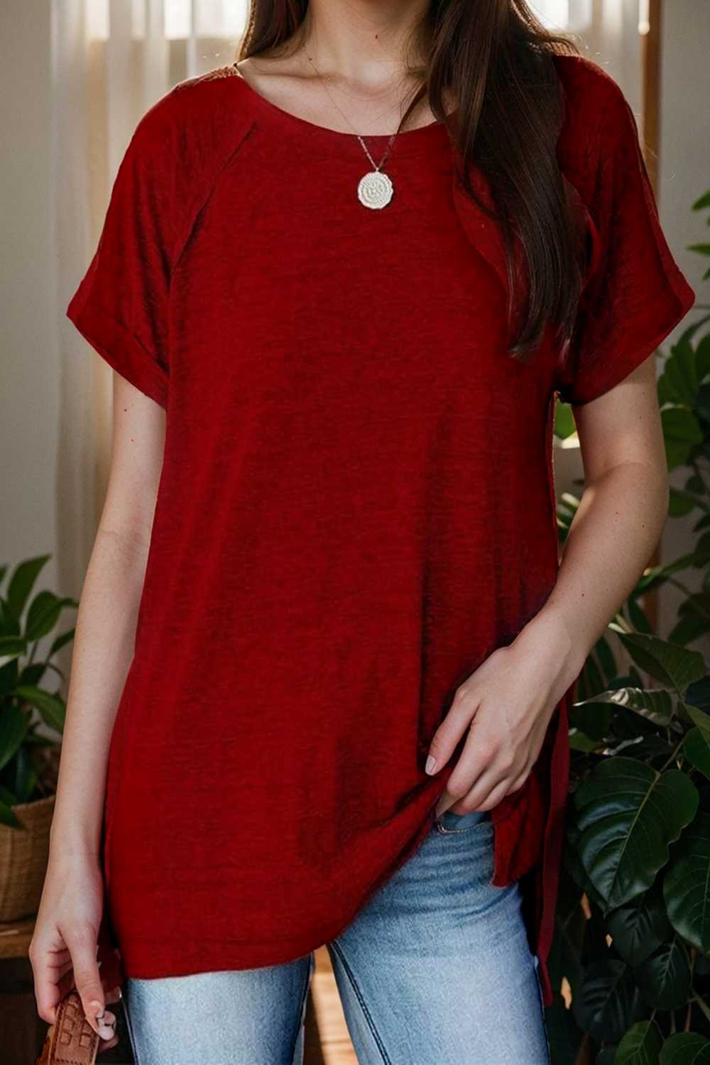 round neck solid loose short sleeve t shirt 111763