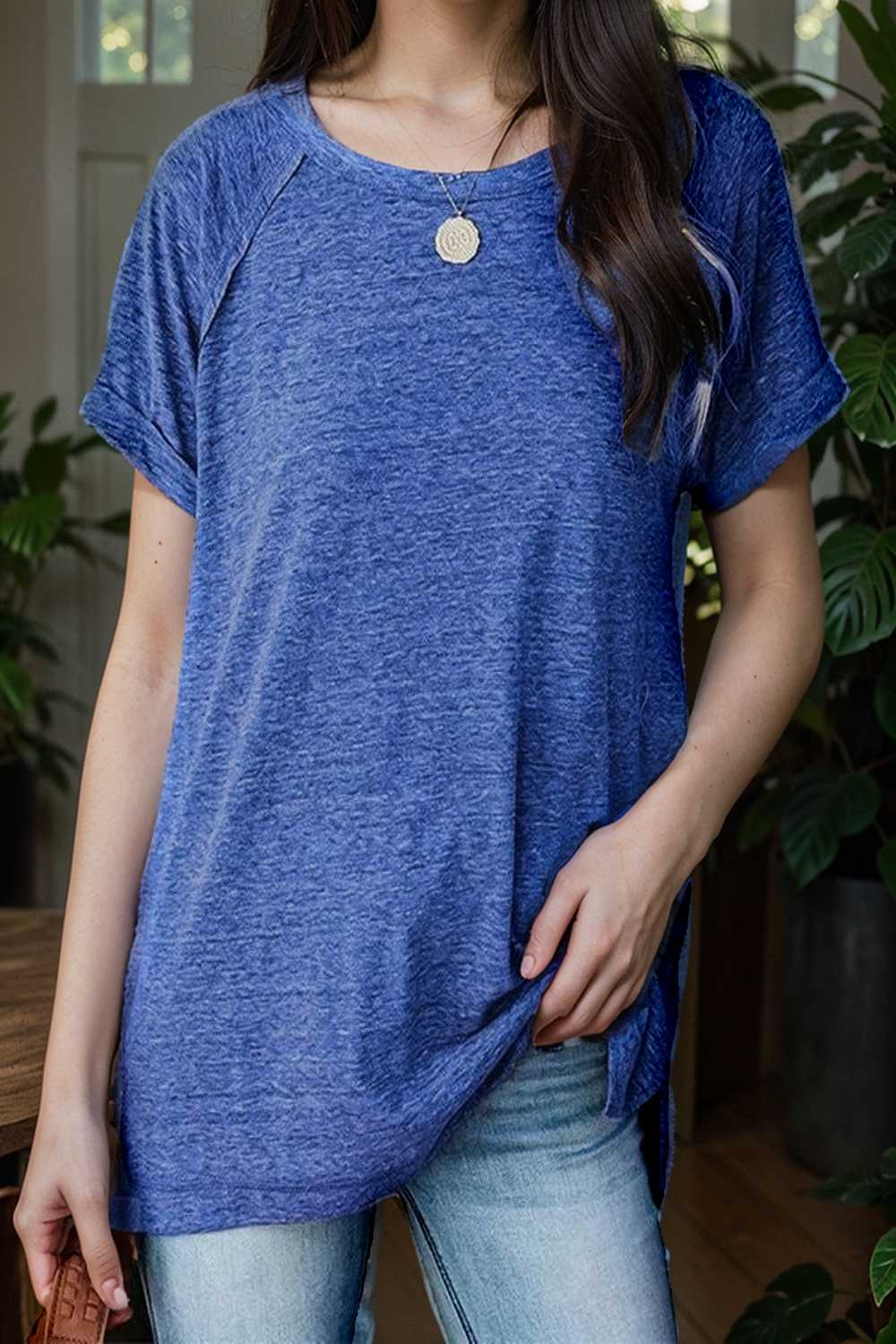 round neck solid loose short sleeve t shirt 111761