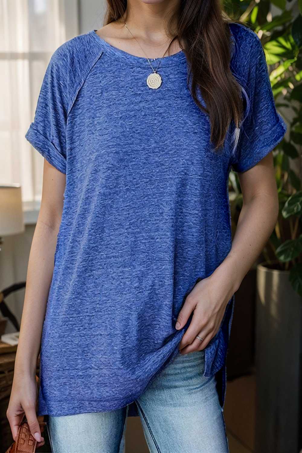 round neck solid loose short sleeve t shirt 111760