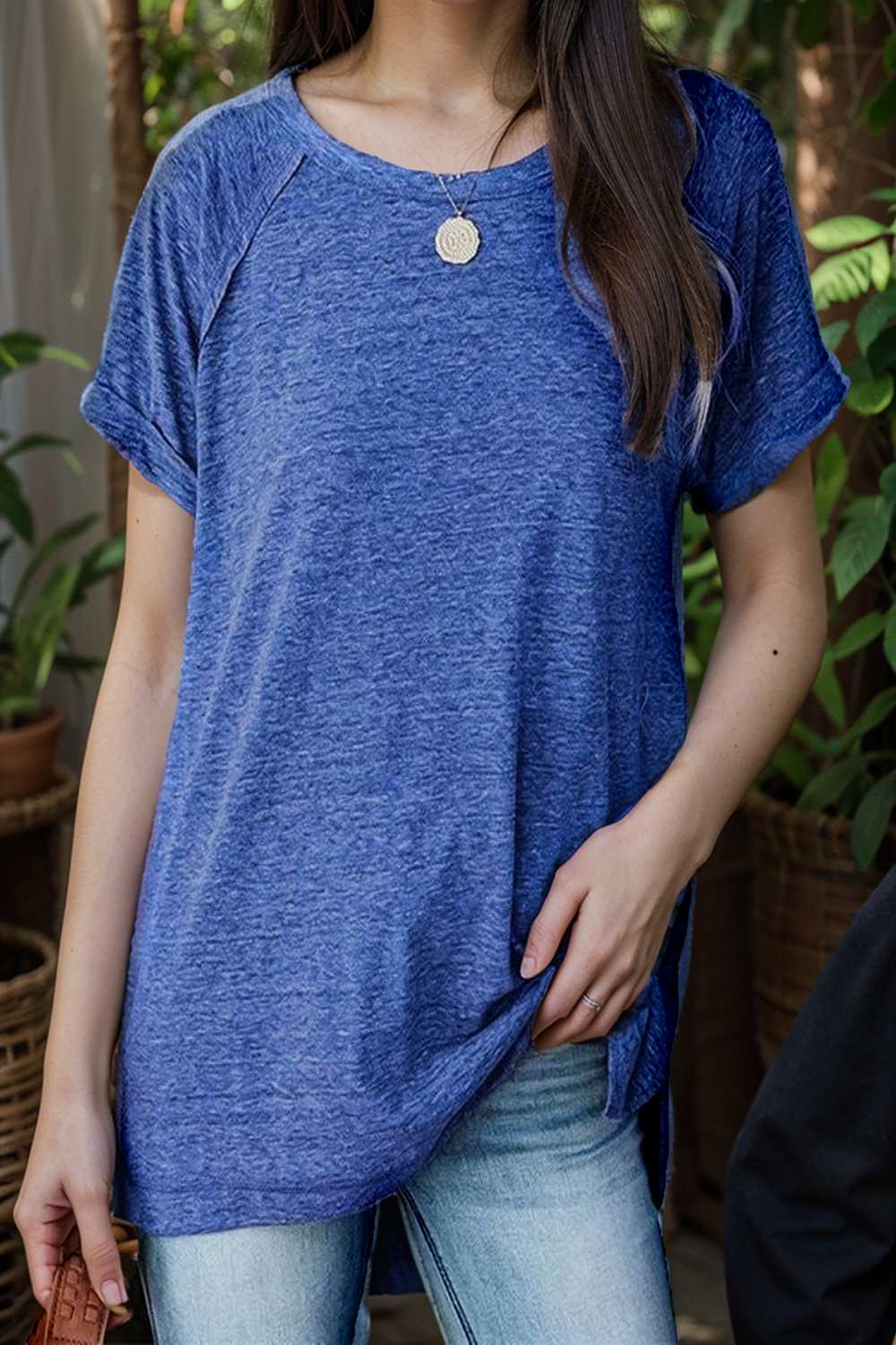 round neck solid loose short sleeve t shirt 111759