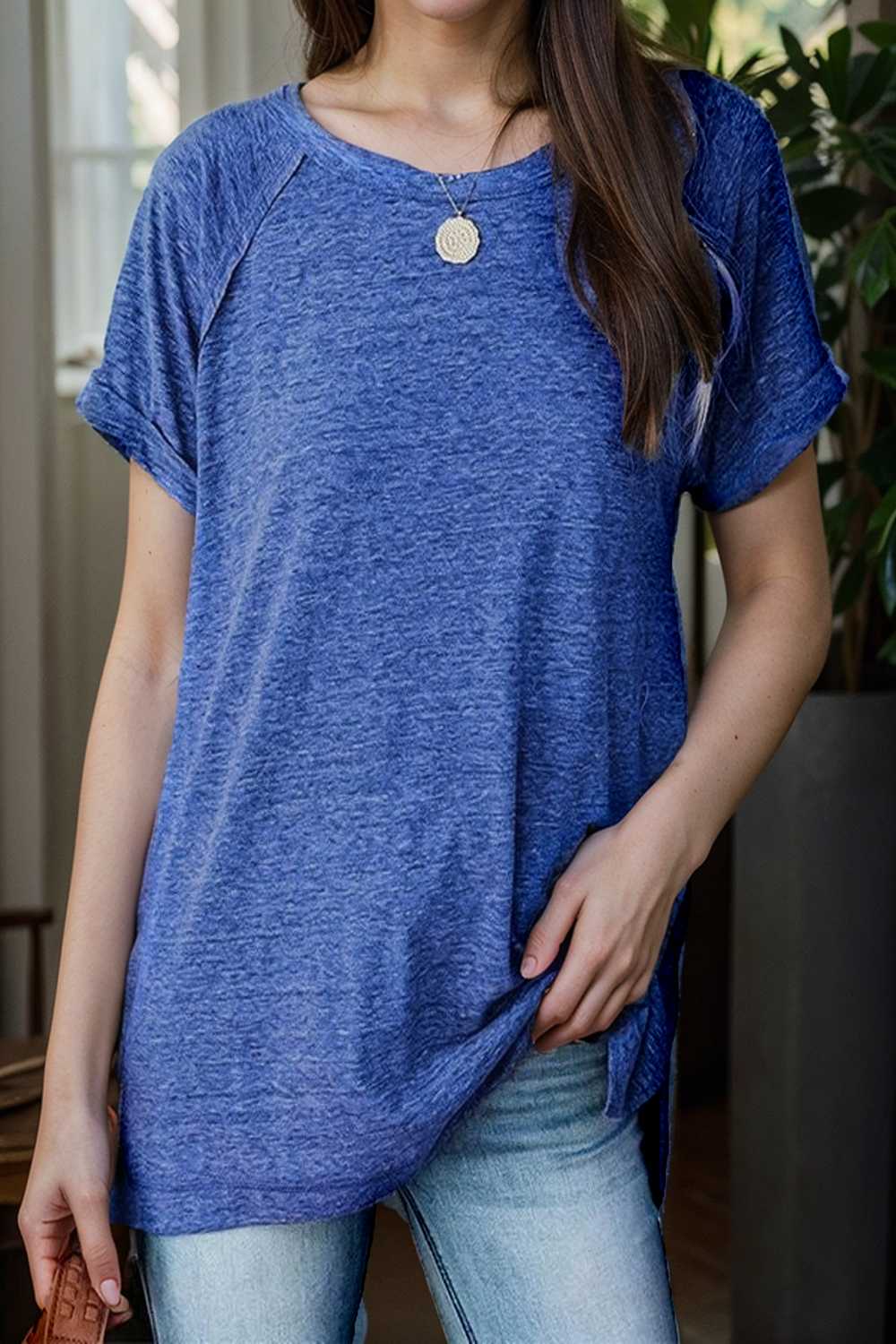 round neck solid loose short sleeve t shirt 111757