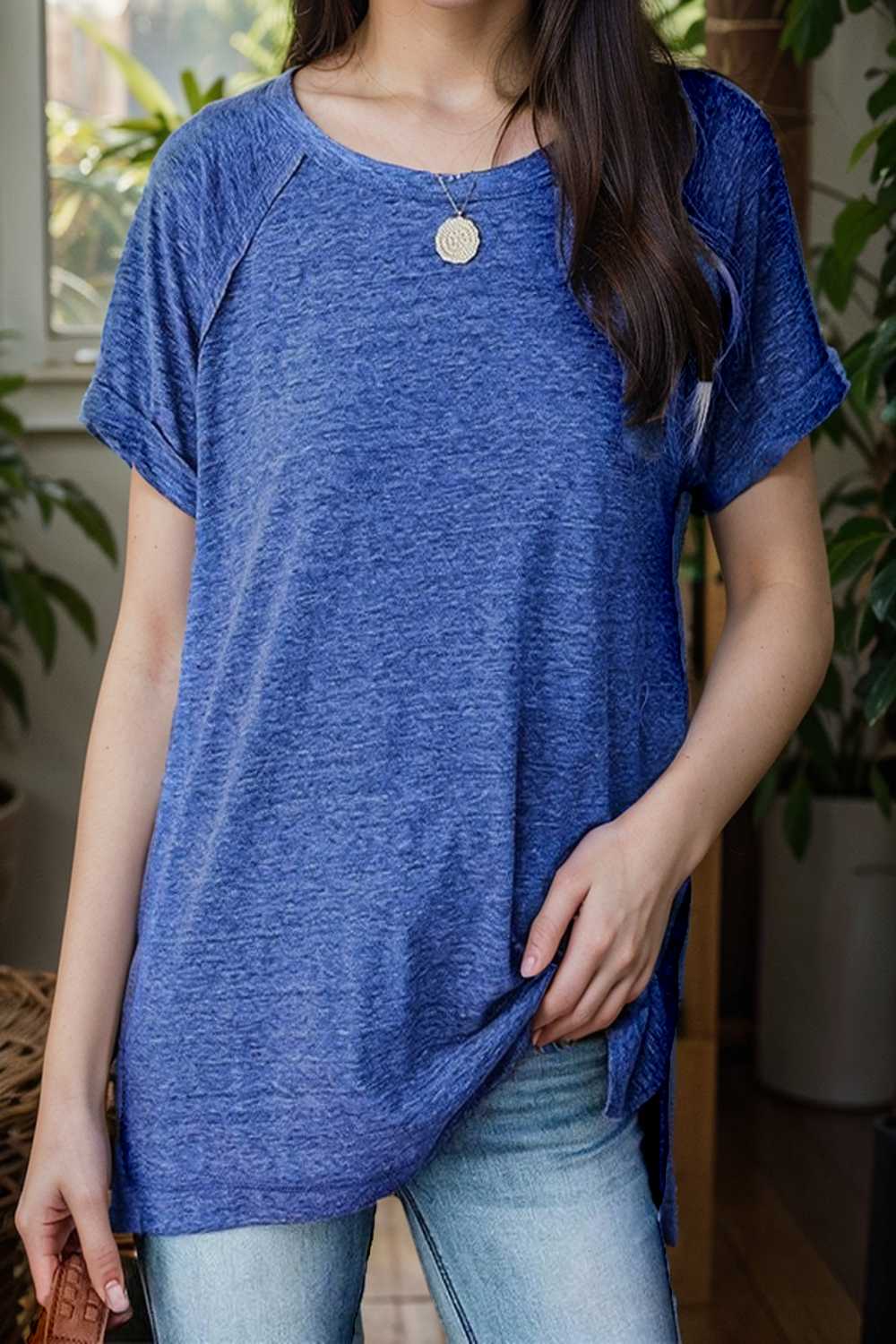 round neck solid loose short sleeve t shirt 111756