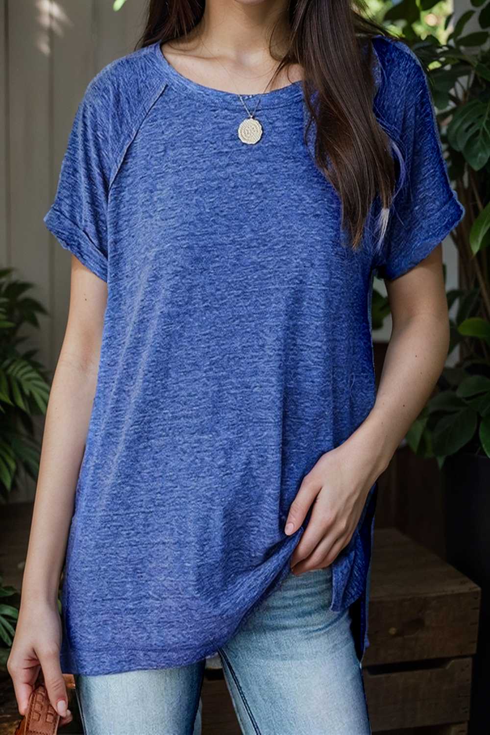 round neck solid loose short sleeve t shirt 111755