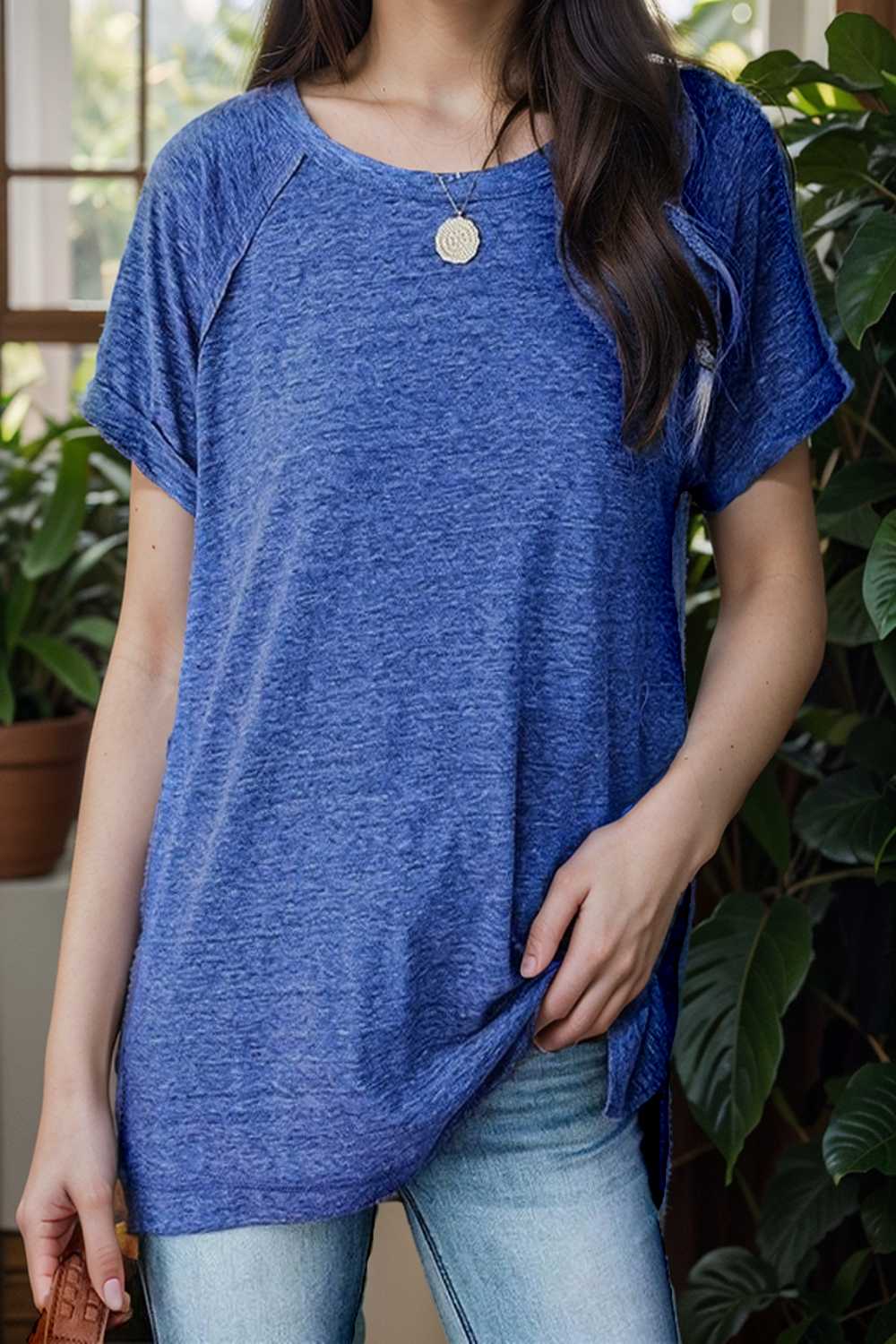 round neck solid loose short sleeve t shirt 111754