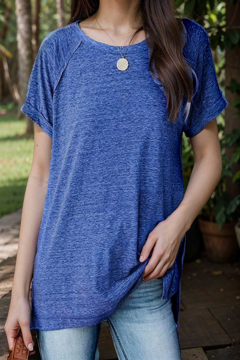 round neck solid loose short sleeve t shirt 111753