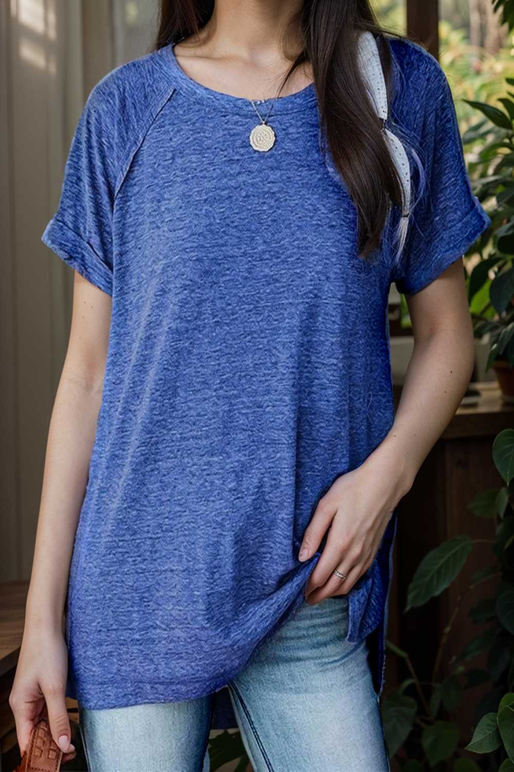 round neck solid loose short sleeve t shirt 111751