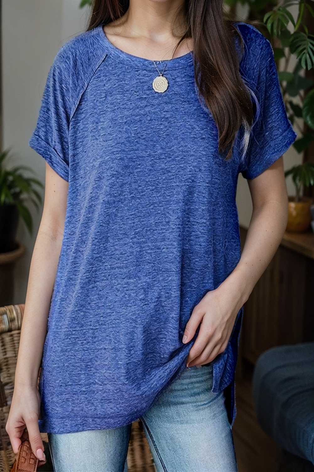 round neck solid loose short sleeve t shirt 111750