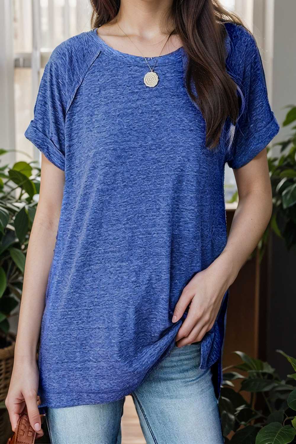 round neck solid loose short sleeve t shirt 111749