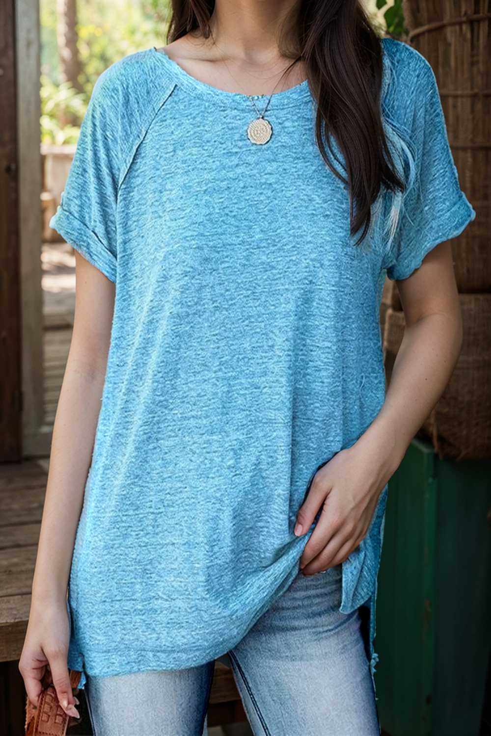 round neck solid loose short sleeve t shirt 111747