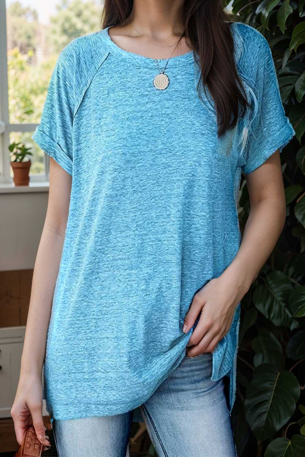 round neck solid loose short sleeve t shirt 110088