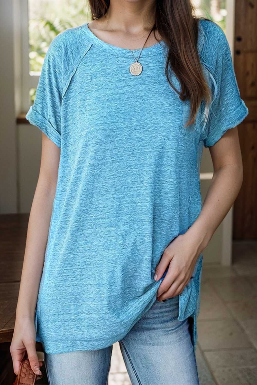 round neck solid loose short sleeve t shirt 111746