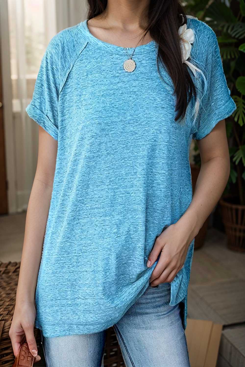 round neck solid loose short sleeve t shirt 110087