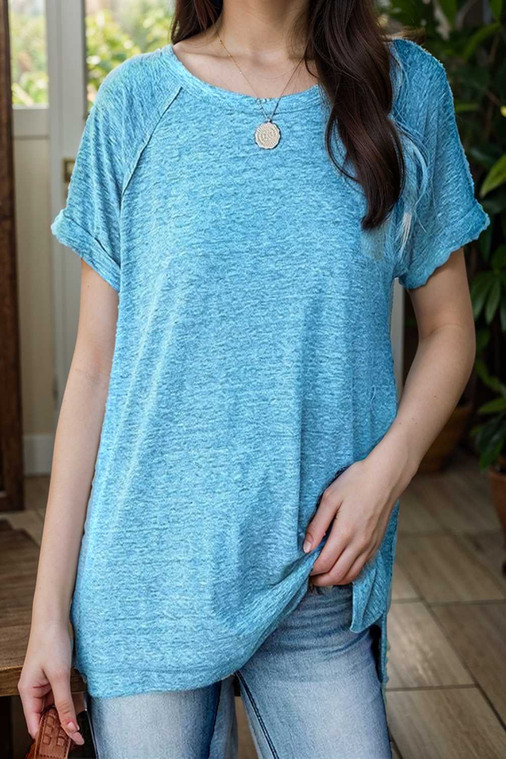 round neck solid loose short sleeve t shirt 111745
