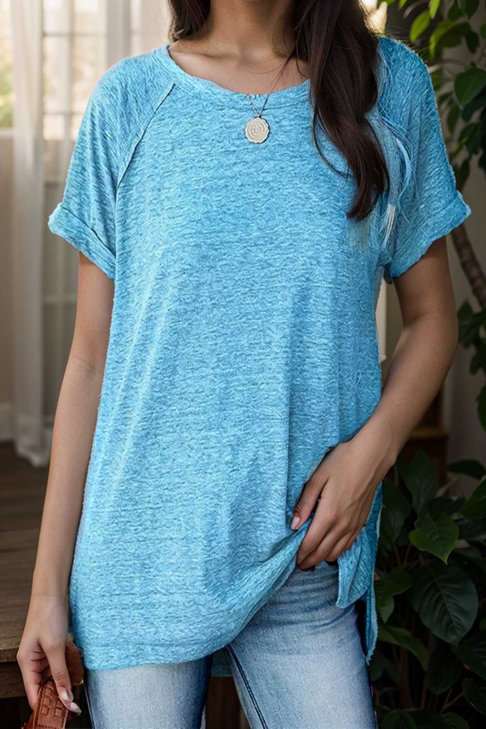 round neck solid loose short sleeve t shirt 111744
