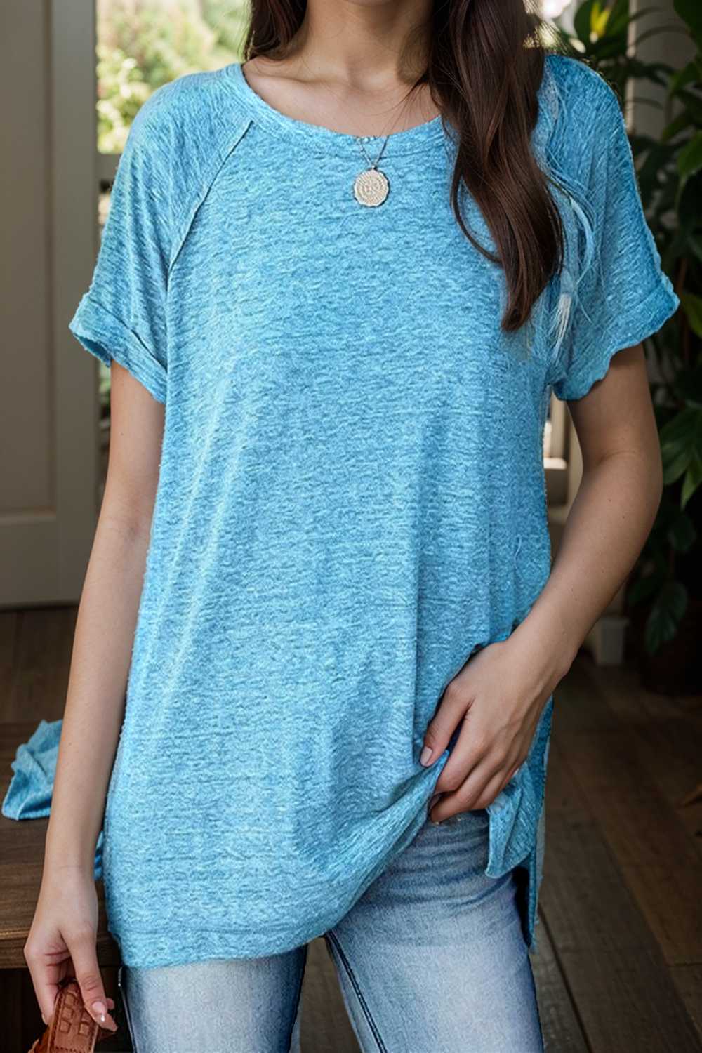 round neck solid loose short sleeve t shirt 111741