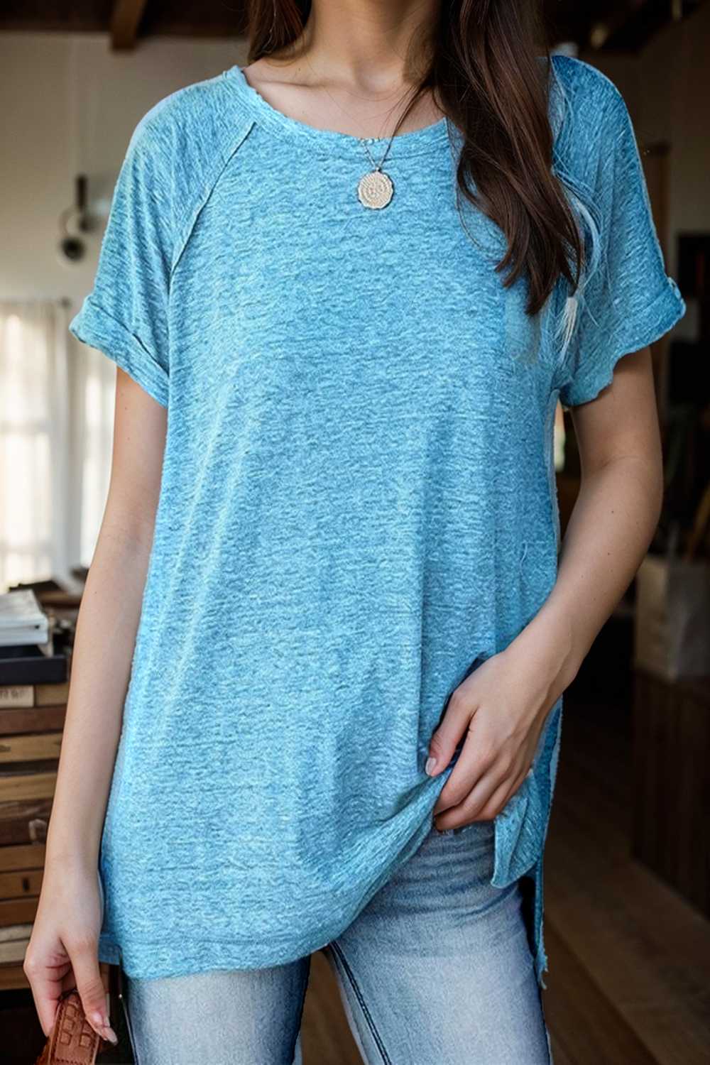 round neck solid loose short sleeve t shirt 111740