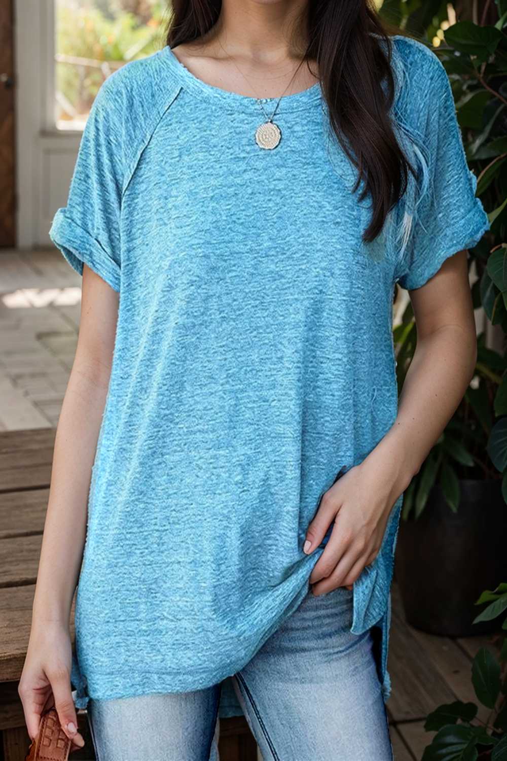 round neck solid loose short sleeve t shirt 111739