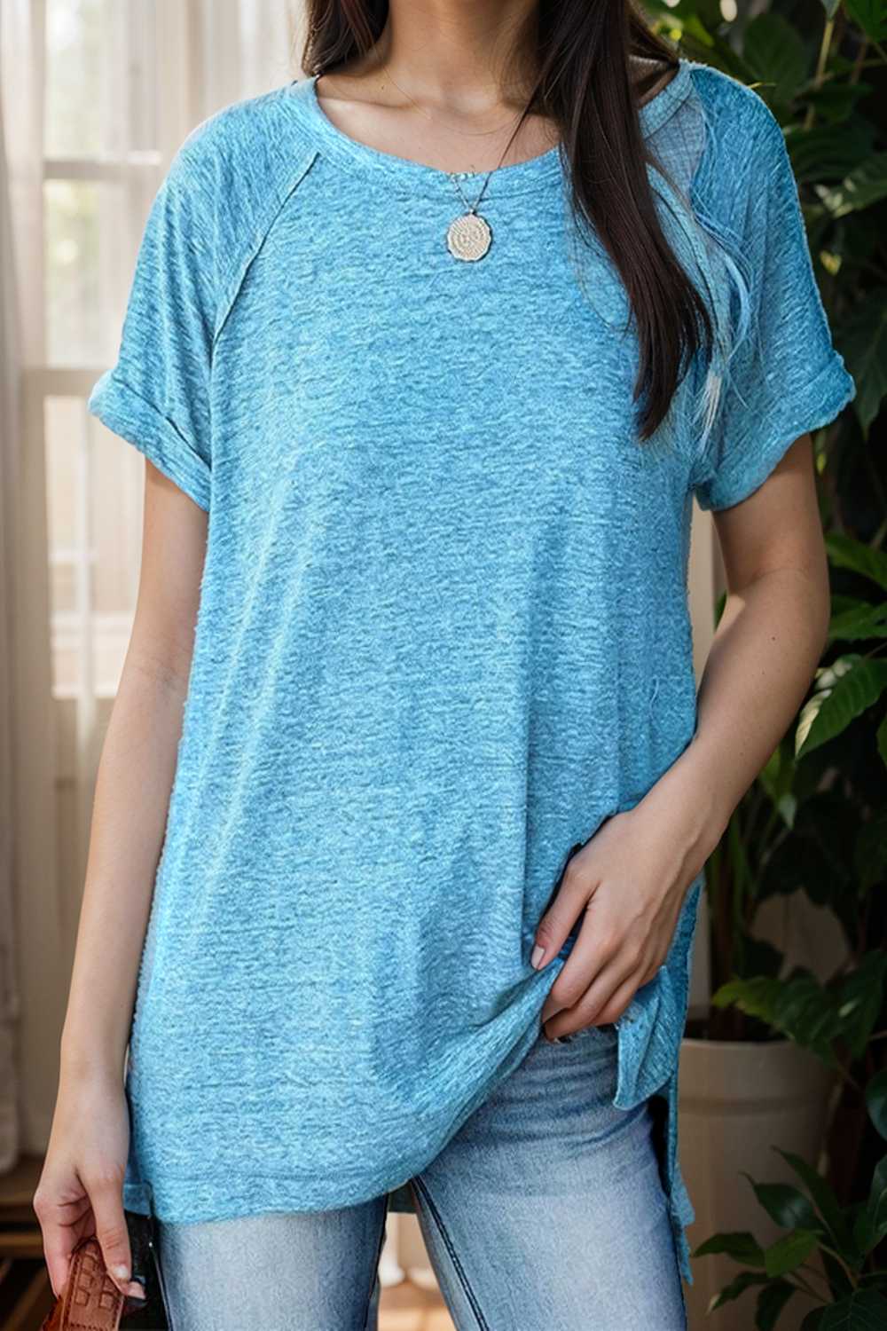 round neck solid loose short sleeve t shirt 111738