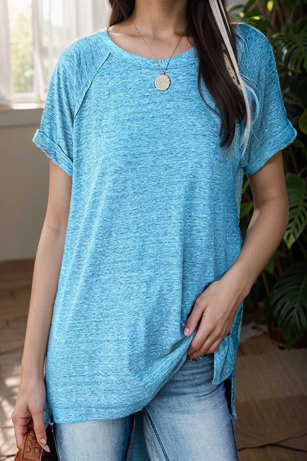 round neck solid loose short sleeve t shirt 111737