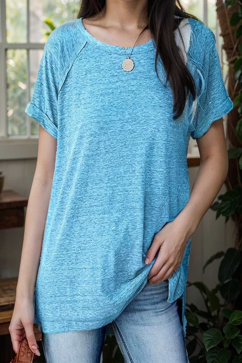round neck solid loose short sleeve t shirt 111736
