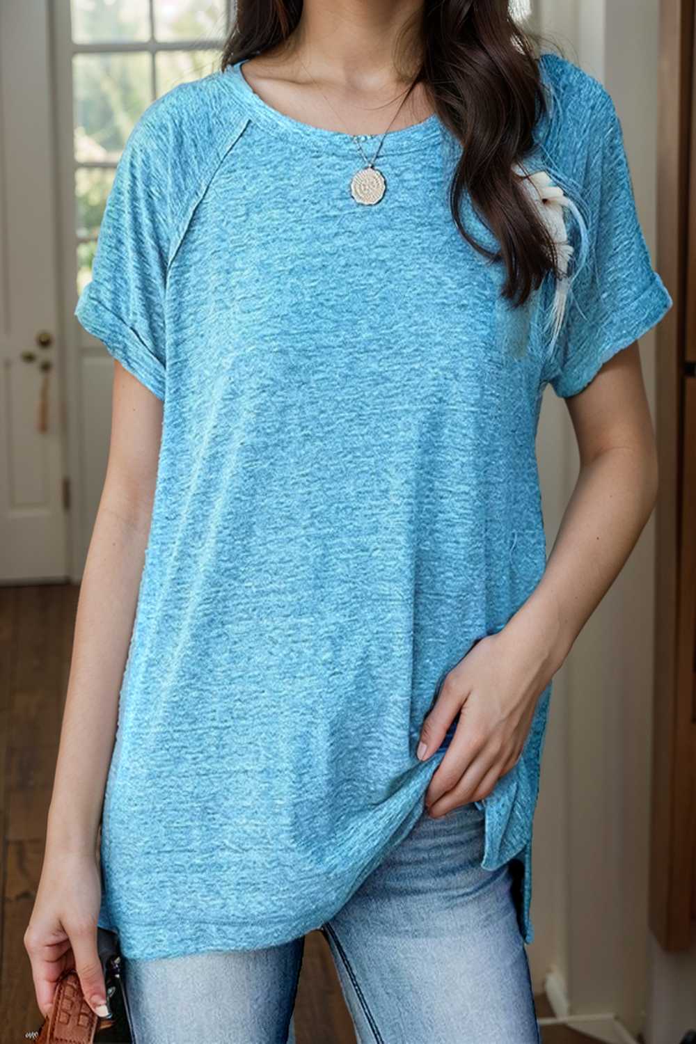 round neck solid loose short sleeve t shirt 111734