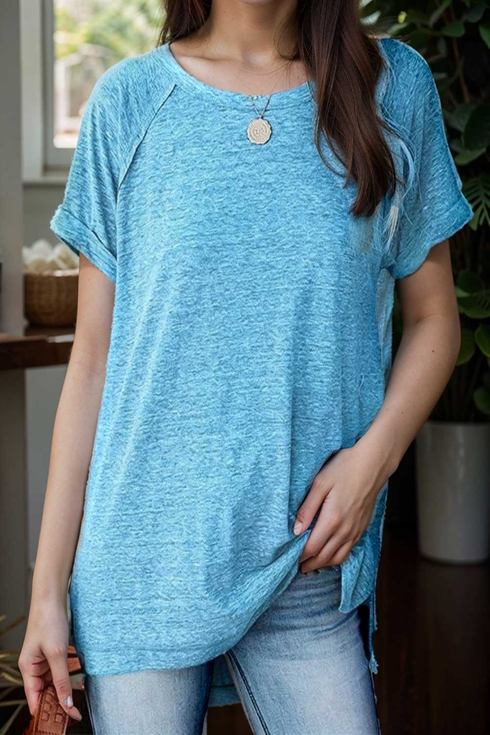 round neck solid loose short sleeve t shirt 111733