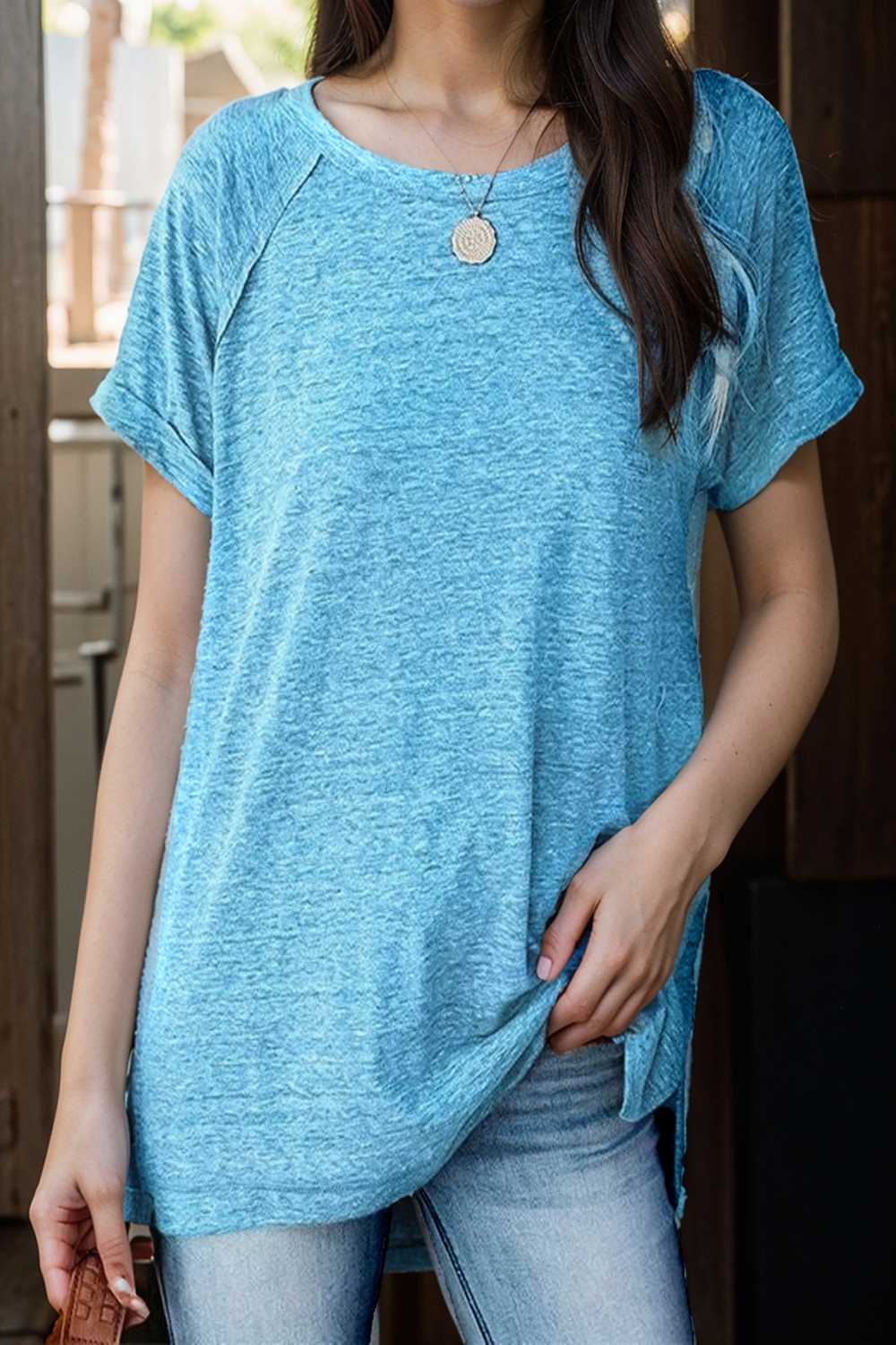 round neck solid loose short sleeve t shirt 111732