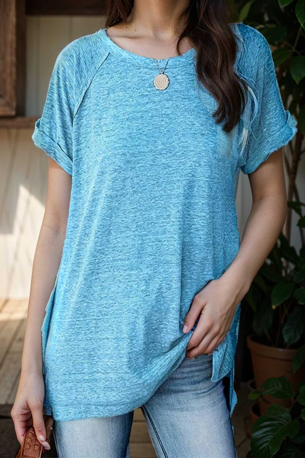 round neck solid loose short sleeve t shirt 111731