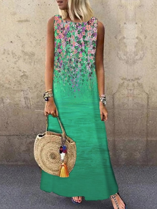 Women's Casual Dress Shift Dress Floral Print Crew Neck Maxi long Dress Basic Daily Sleeveless Summer Spring