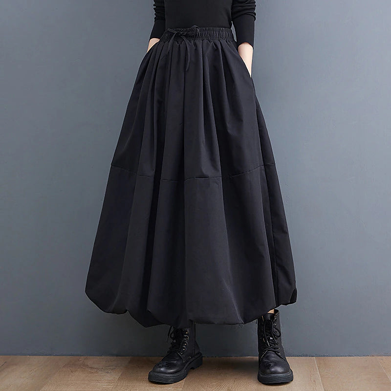 Women's Swing Long Skirt Maxi Skirts Pocket Drawstring Solid Colored Office / Career Daily Spring & Fall Polyester Fashion Streetwear Casual Black