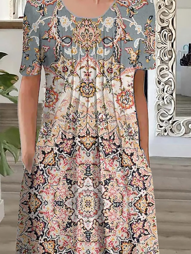 Women's Long Dress Maxi Dress Casual Dress Ethnic Dress A Line Dress Graphic Tribal Romantic Casual Holiday Vacation Weekend Ruched Pocket Short Sleeve Crew Neck Dress Regular Fit Pink Blue Dark Blue - LuckyFash™
