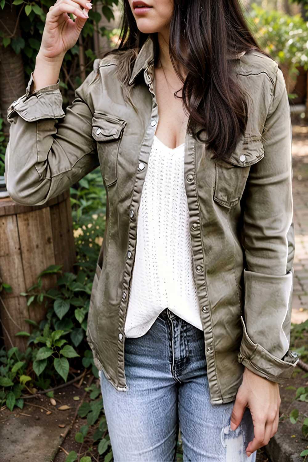 ruched trim button up long sleeve collared casual jacket 111728