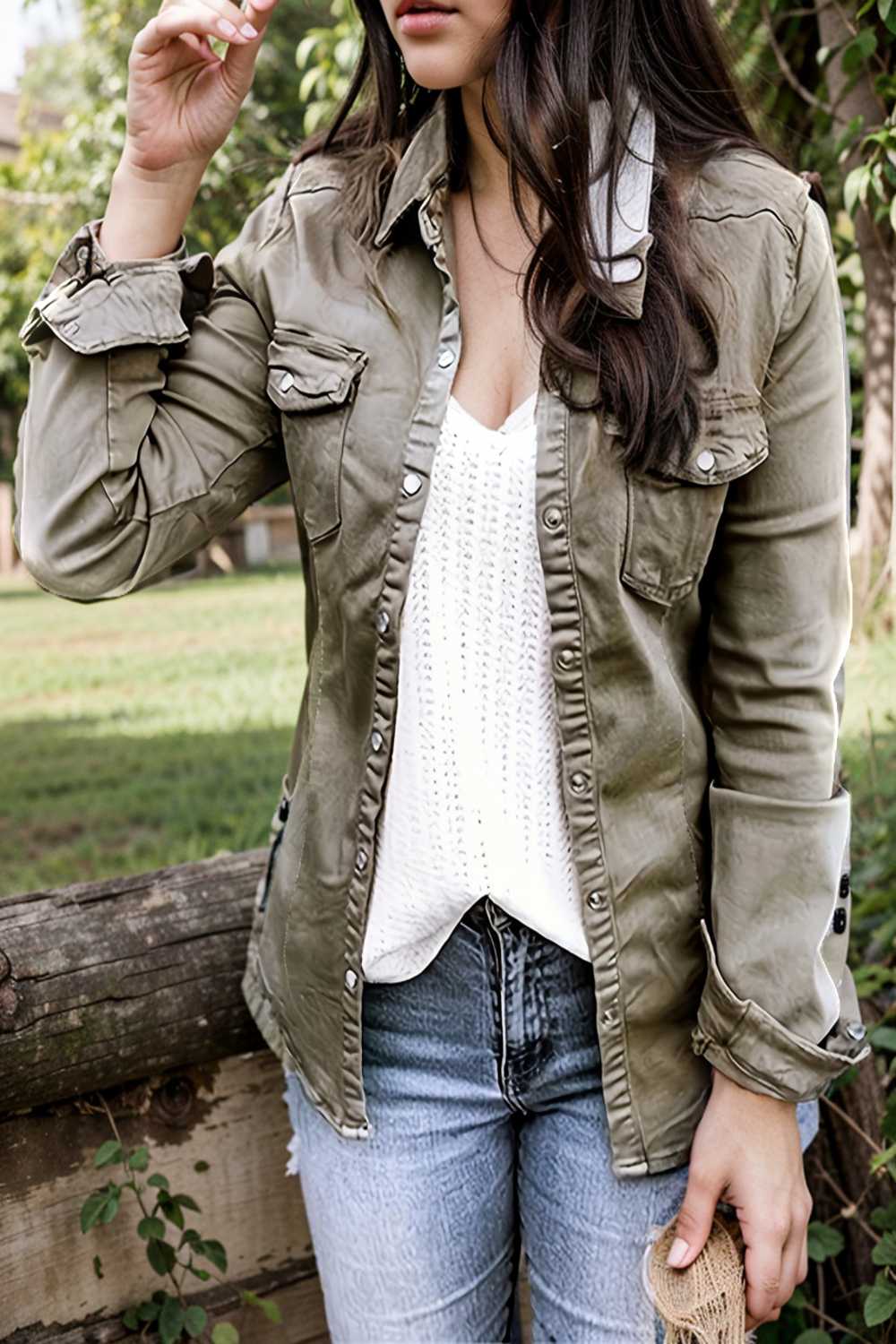 ruched trim button up long sleeve collared casual jacket 111724