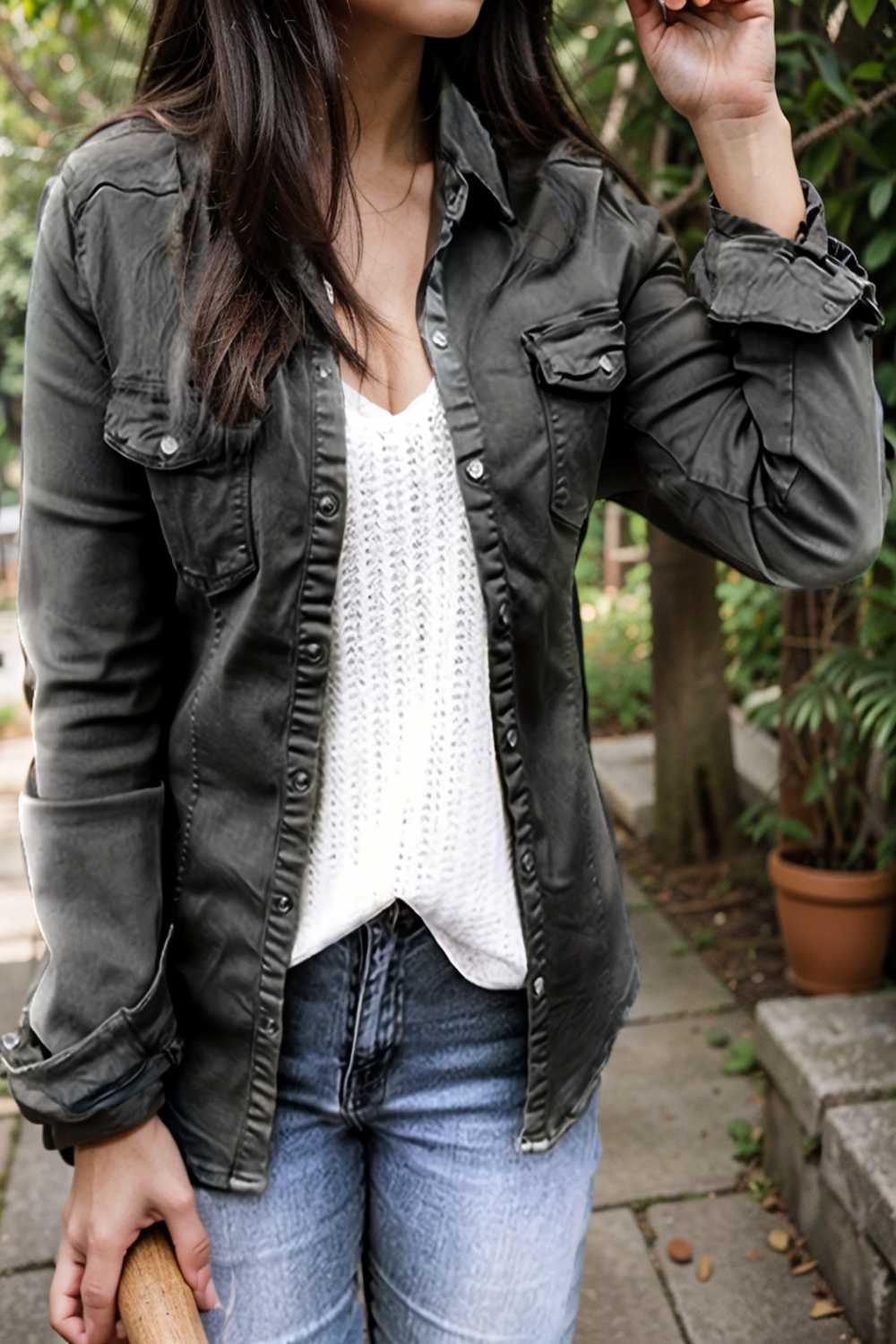 ruched trim button up long sleeve collared casual jacket 105412