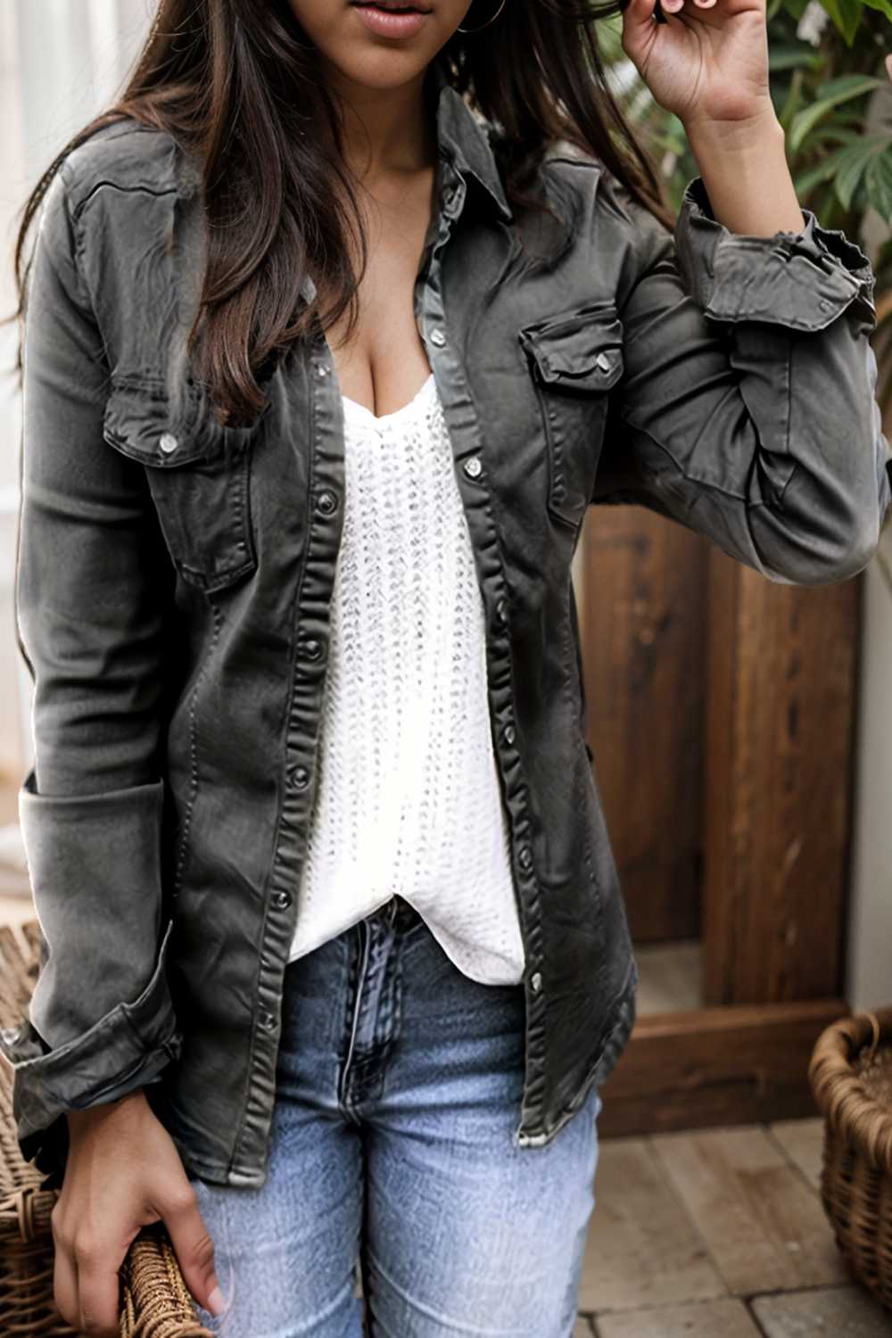 ruched trim button up long sleeve collared casual jacket 105401